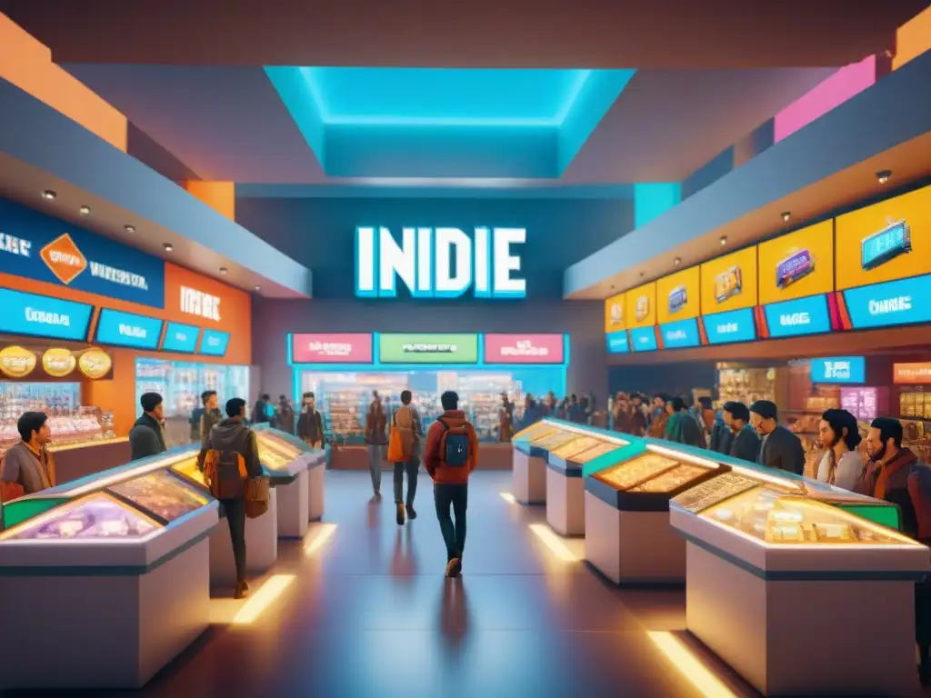 Un vibrante mercado virtual en un juego indie multijugador en línea, donde avatares coloridos interactúan y comercian en una atmósfera acogedora