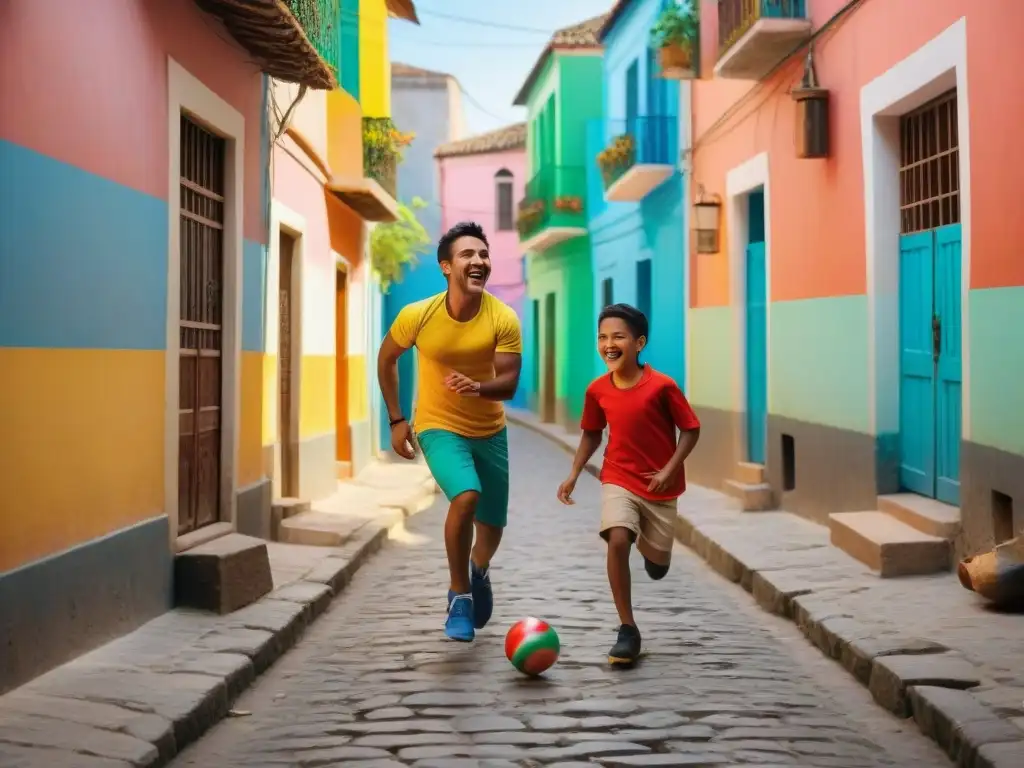 Un vibrante momento de juegos callejeros América Latina: niños riendo y jugando en una colorida callejuela llena de vida y tradición