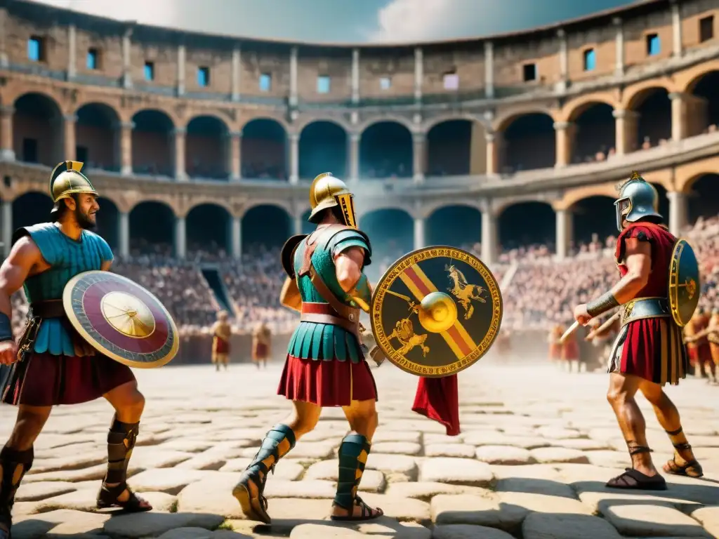 Vibrante mosaico de gladiadores en coliseo romano: intensidad y cultura en juegos antiguos Roma