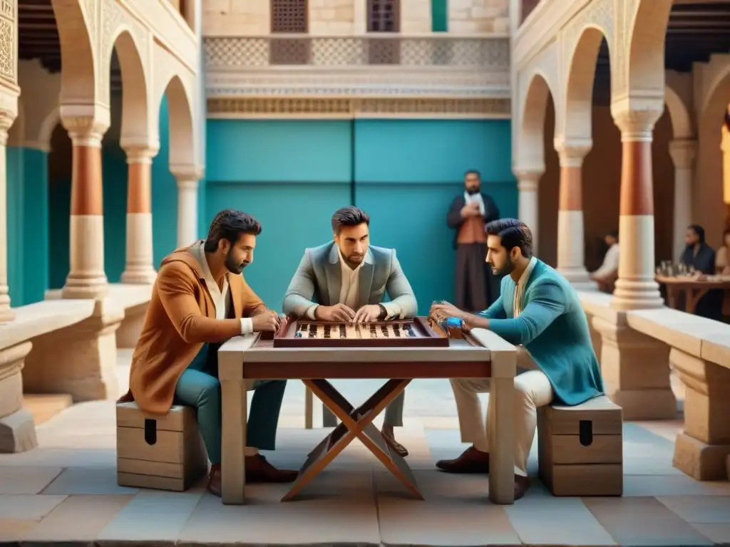 Un vibrante mosaico de Juegos de Oriente Medio influencias: gente jugando backgammon entre arquitectura antigua