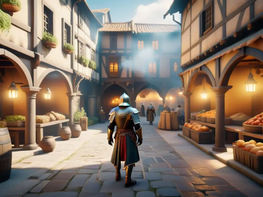 Vibrante mundo virtual en un juego de aventura con IA: mercado medieval, caballeros y figura misteriosa