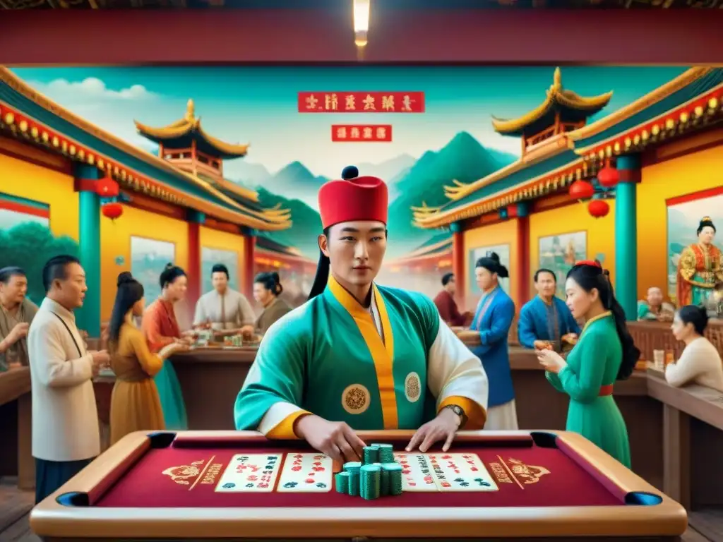 Un vibrante mural asiático muestra escenas de juegos de azar tradicionales como Mahjong, Pai Gow y FanTan en un mercado bullicioso