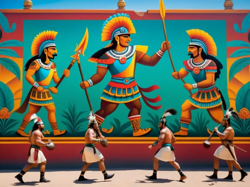 Vibrante mural azteca de guerreros en juego ceremonial con simbolismo animal, deportes ancestrales