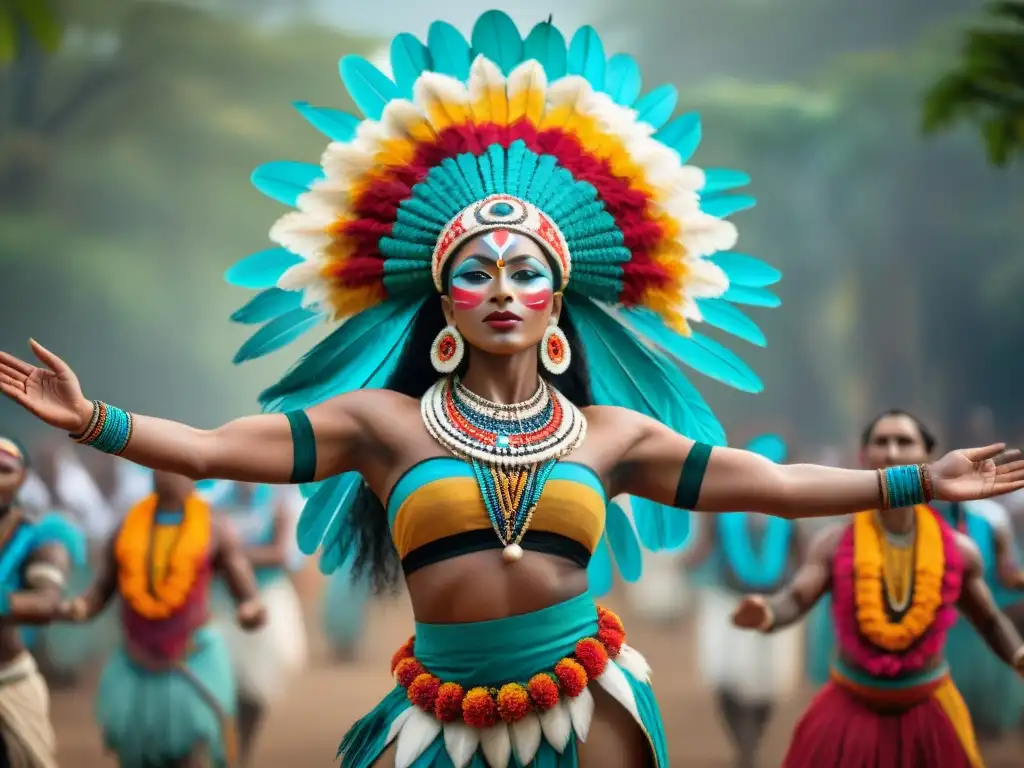 Un vibrante mural de bailarines tribales en atuendos tradicionales celebrando la historia del baile en culturas