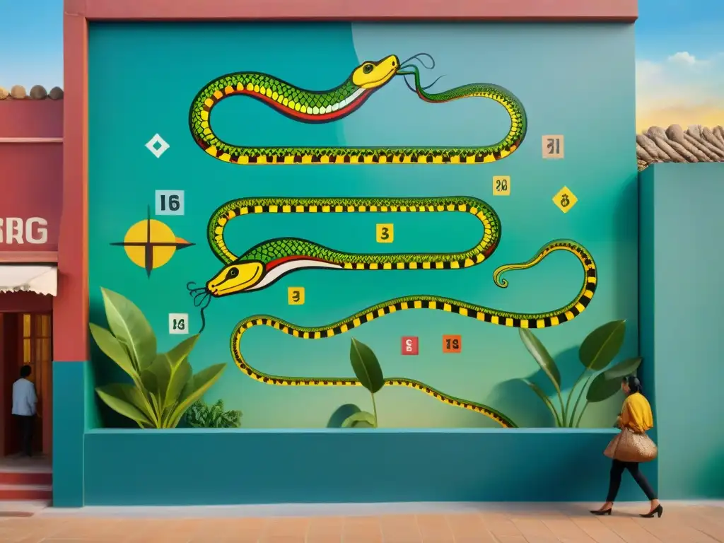 Un vibrante mural del juego Serpiente y Escalera, con ilustraciones detalladas en un mercado indio bullicioso