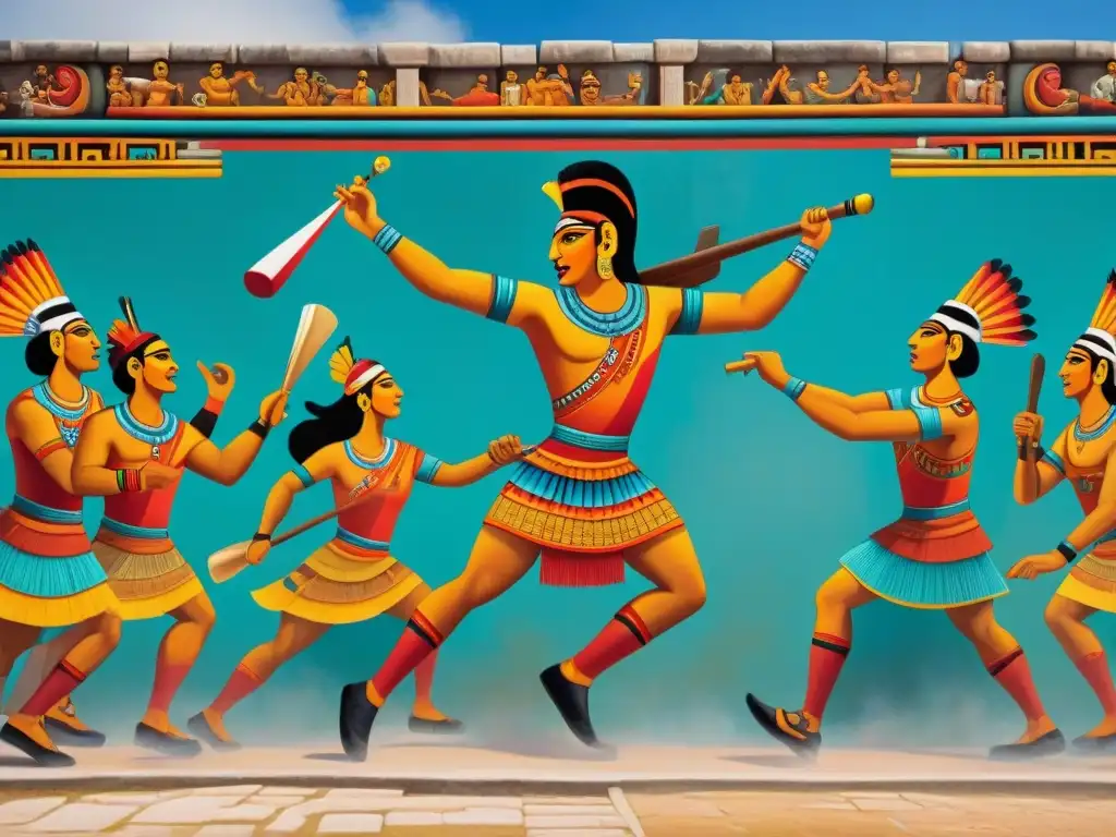 Vibrante mural del juego de la pelota maya con jugadores en escena dramática y detallada