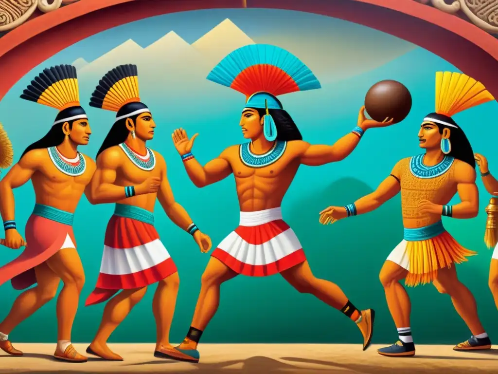 Vibrante mural mesoamericano: Importancia espiritual juego pelota mesoamericano en detallada escena de juego sagrado