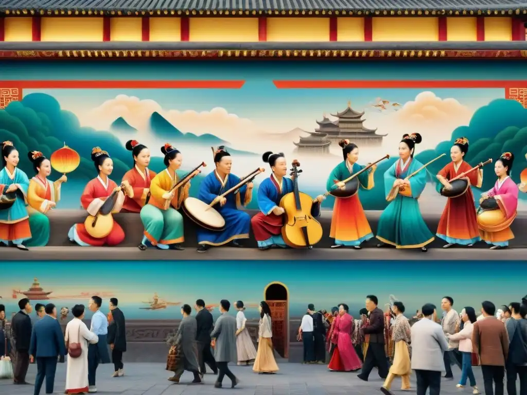 Un vibrante mural muestra músicos antiguos tocando instrumentos tradicionales en una plaza china, capturando la música en juegos históricos