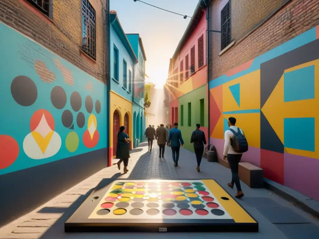 Un vibrante mural urbano muestra juegos tradicionales en diferentes culturas, irradiando alegría y diversidad