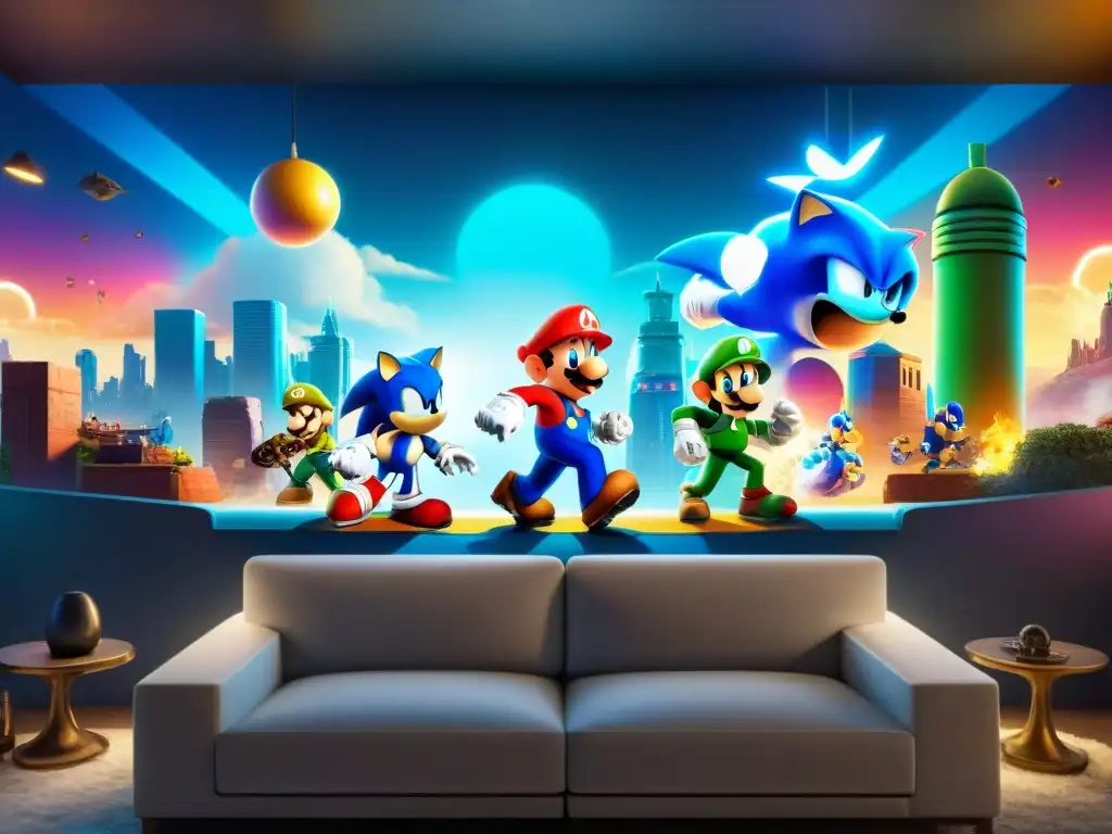 Un vibrante mural de videojuegos y crossovers culturales con Mario, Sonic, Lara Croft y Master Chief tocando juntos en un concierto