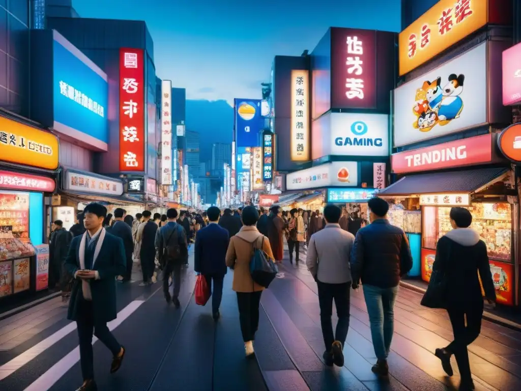 Un vibrante paisaje urbano en Akihabara, Tokyo, fusionando tecnología, cultura y tradición en la escena de juegos asiáticos