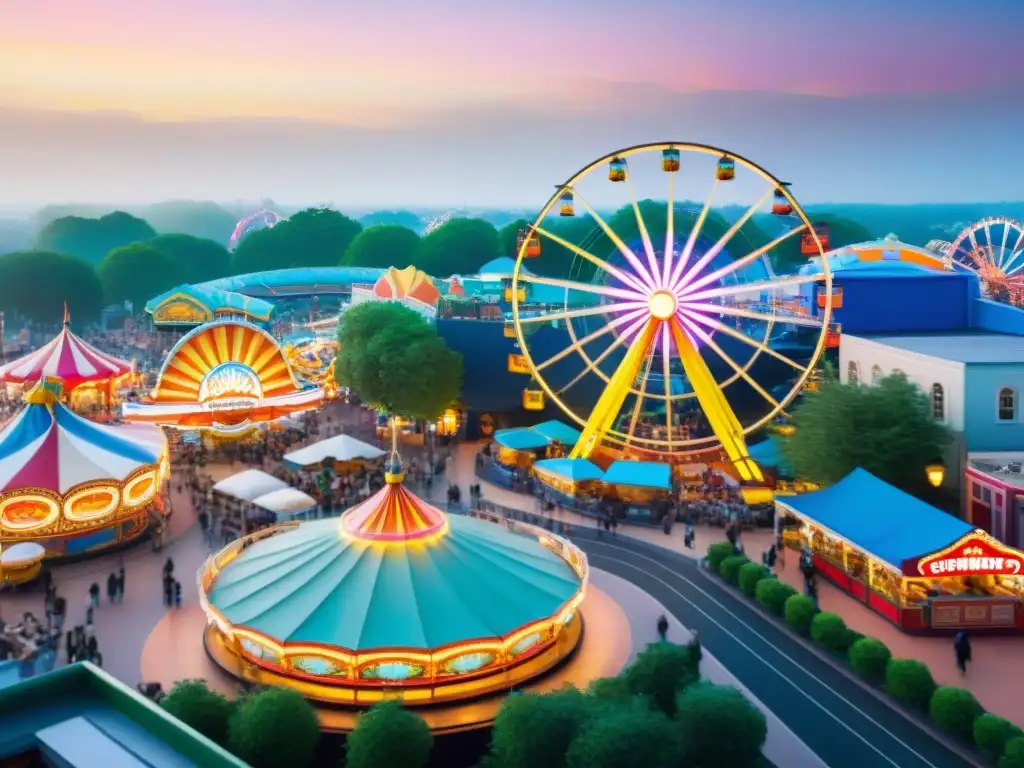 Emocionante parque de diversiones en la ciudad Un vibrante parque de atracciones en el corazón de la bulliciosa ciudad, mostrando su impacto en el diseño urbano