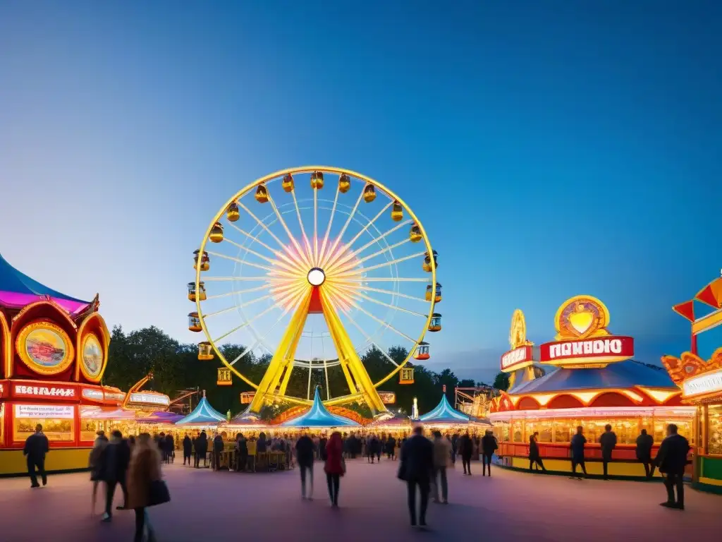 Caos y color en parque de diversiones al anochecer Vibrante parque de atracciones iluminado por la noche, mostrando el impacto en el diseño urbano