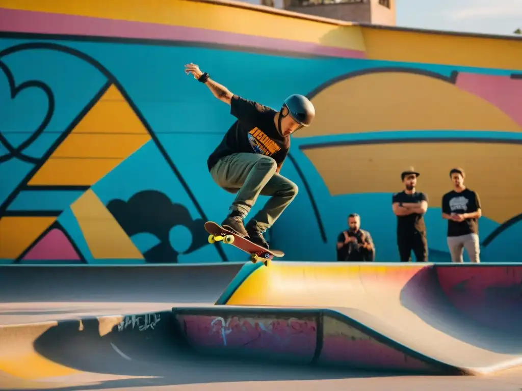Skatepark en Barcelona al atardecer: diversión y comunidad Un vibrante parque de skate en Barcelona al atardecer, donde la diversidad y la comunidad se unen en la cultura skate de Europa