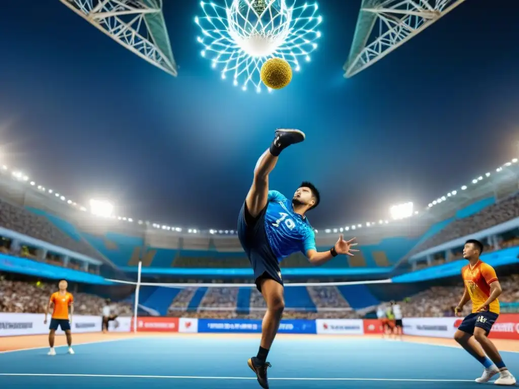 Un vibrante partido de Sepak Takraw en los Juegos Asiáticos: Filosofía y Sociedad, con jugadores en acrobáticas patadas