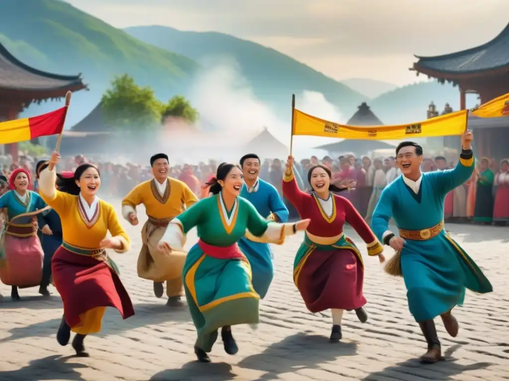 Plaza llena de juegos tradicionales: emoción y colorido Vibrante plaza de juegos tradicionales en festivales, donde culturas se unen en competencia y alegría