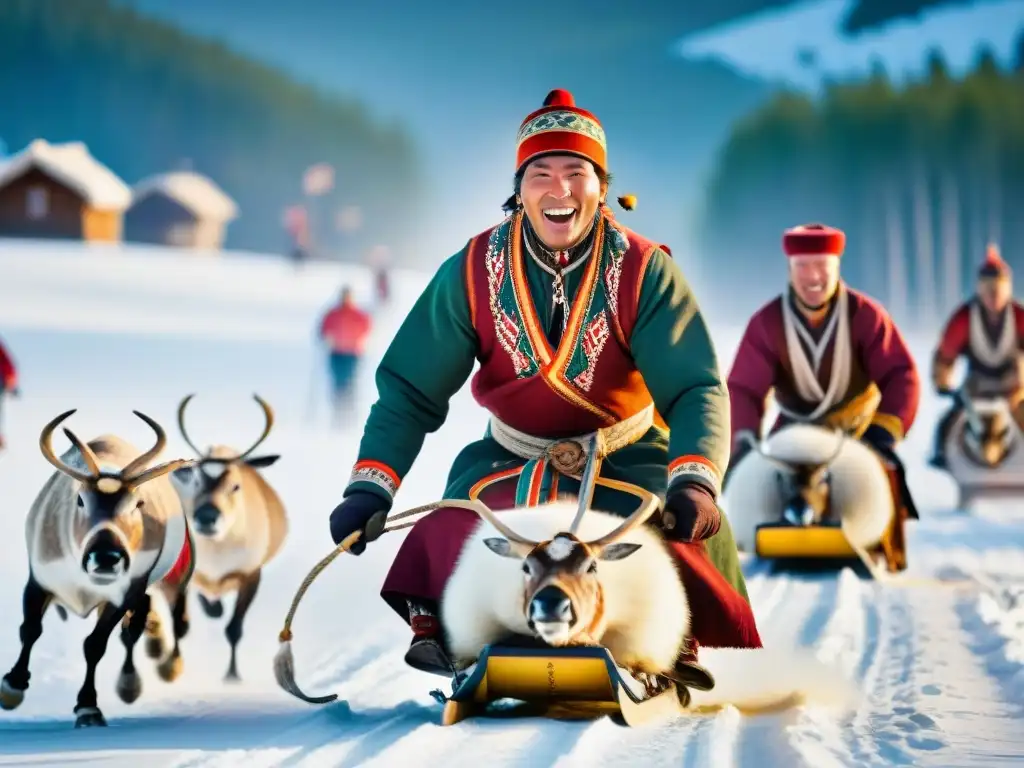 Un vibrante retrato de los Sami con atuendos tradicionales participando en Juegos de invierno europeos tradicionales en paisaje nevado