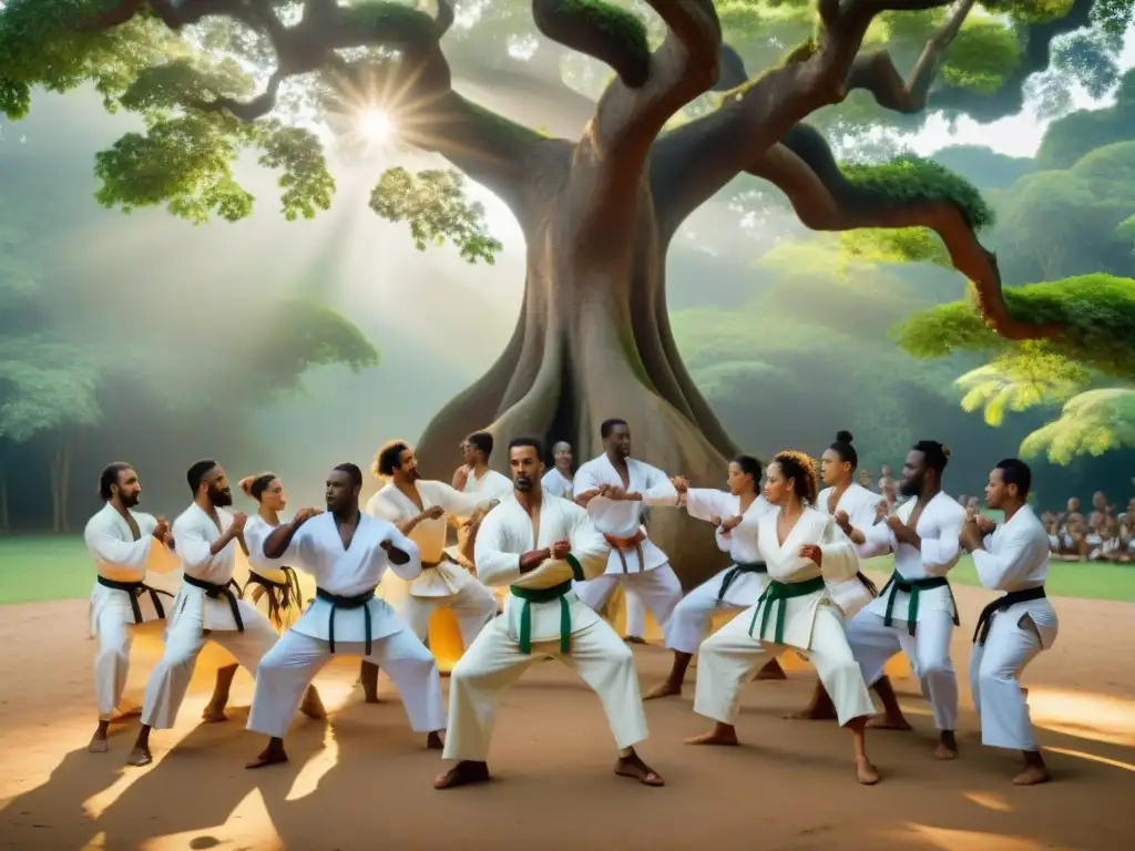 Un vibrante roda de Capoeira en el bosque: Origen y evolución de Capoeira con afrobrasileños vestidos de blanco bajo un árbol ancestral