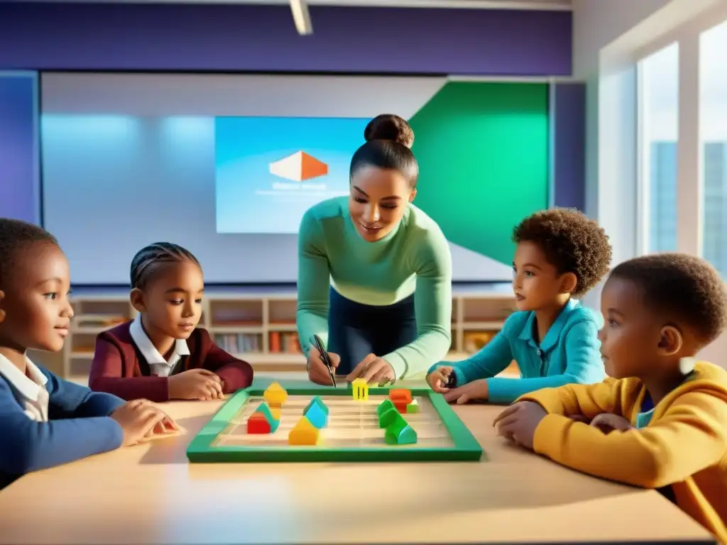 Un vibrante salón de clase donde niños participan en juegos educativos para habilidades siglo XXI, fomentando creatividad y pensamiento crítico