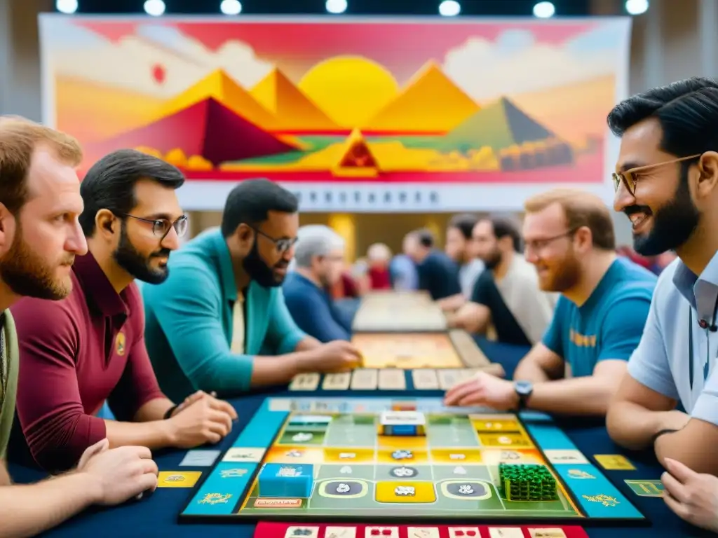 Un vibrante salón de convenciones lleno de jugadores de juegos de mesa en intensas competencias de Catan, rodeados de banners mostrando la evolución cultural de los juegos de mesa a lo largo de la historia