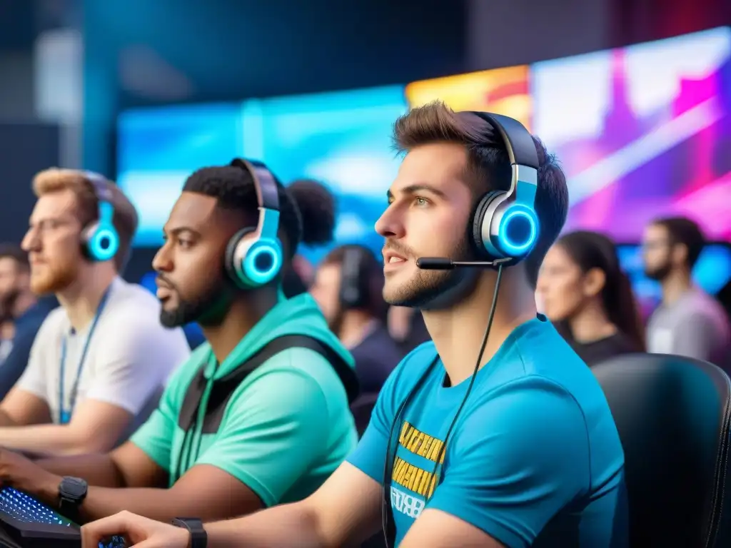 Vibrante torneo eSports con impacto positivo en comunidades: jugadores diversos concentrados en pantallas, espectadores animados y ambiente inclusivo