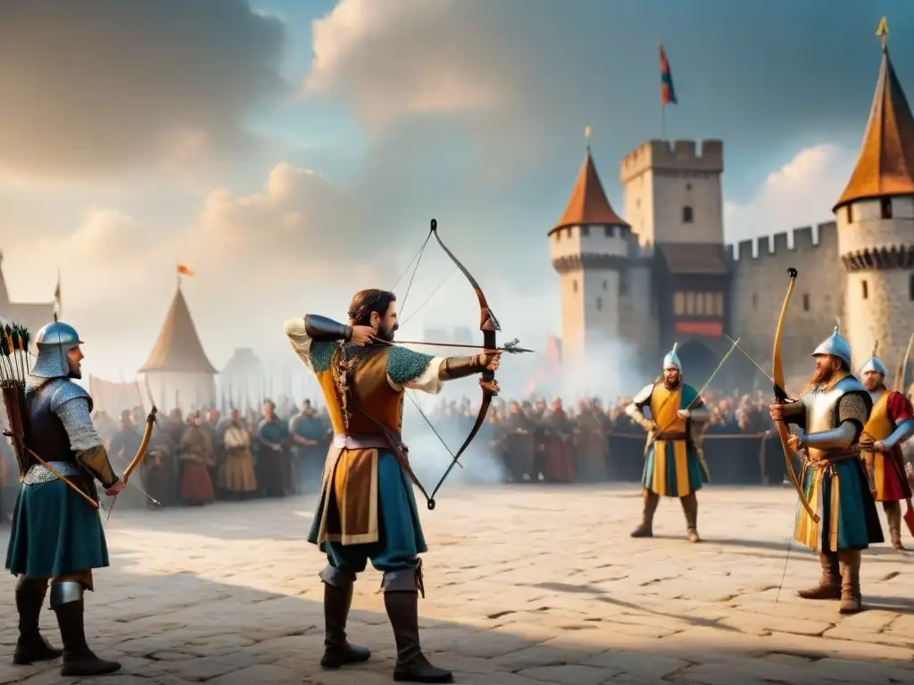 Torneo de tiro con arco medieval: detalle excepcional Vibrante torneo de tiro con arco medieval en la plaza del pueblo
