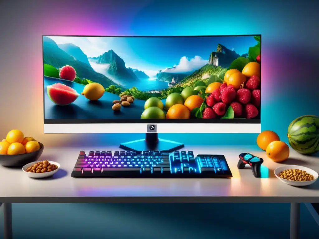 Vibrante variedad de frutas y frutos secos en un entorno gaming, ideal para rendimiento en eSports