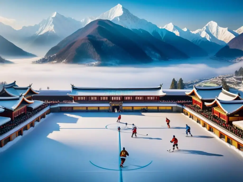 Vibrante villa de deportes invernales en Asia con arquitectura tradicional y Juegos de Invierno en Asia