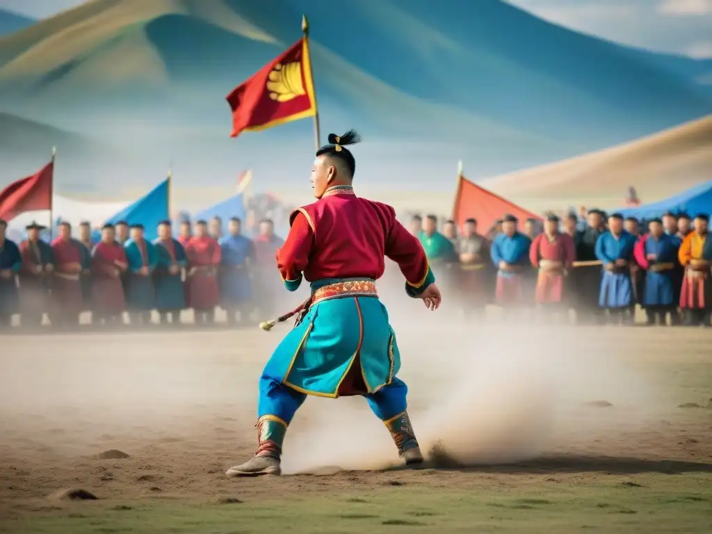 Vibrantes luchadores mongoles en el festival tradicional Naadam, con espectadores animando y la majestuosa paisaje de Mongolia de fondo