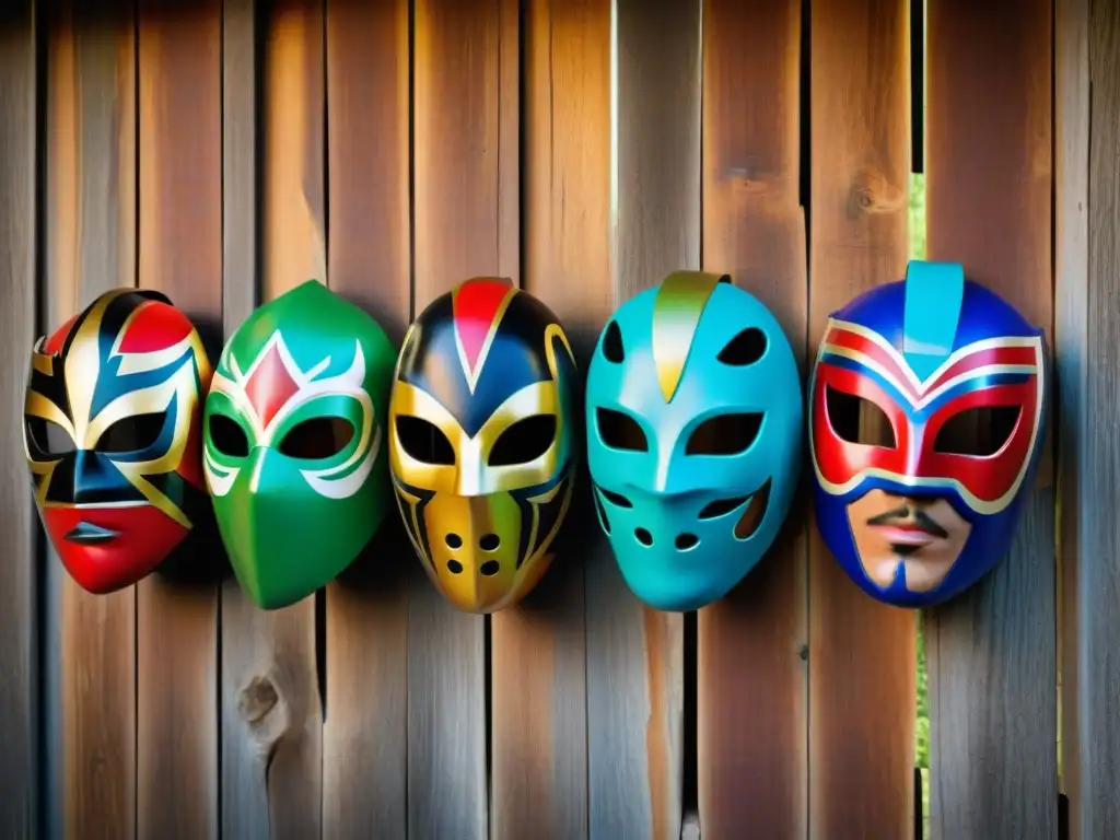 Vibrantes máscaras de lucha libre cuelgan en una pared de madera envejecida, reflejando la rica historia y culturas