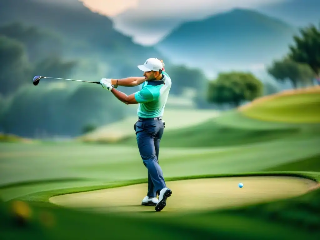 Roberto De Vicenzo, leyenda del golf en América Latina, concentrado en su swing en un elegante campo de golf en los años 60