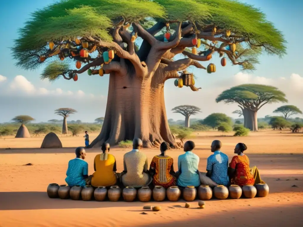 La vida comunitaria en África se refleja en esta escena de juegos de mesa tradicionales bajo un baobab centenario