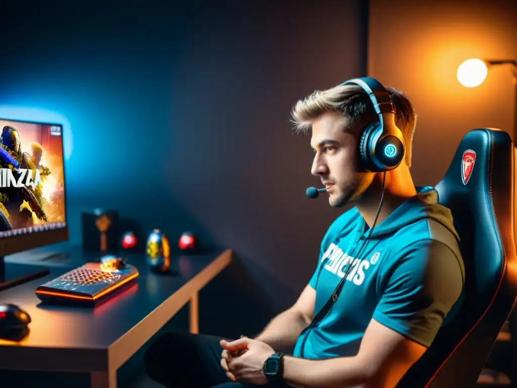 Vida intensa de jugador profesional eSports: en una habitación iluminada por pantallas, un jugador concentrado rodeado de trofeos y memorabilia gaming