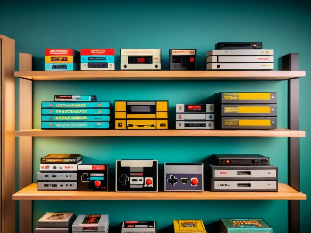 Colección vintage de videojuegos: nostalgia y pasión en cada detalle Colección vintage de videojuegos en estantería de madera, con títulos clásicos y rarezas