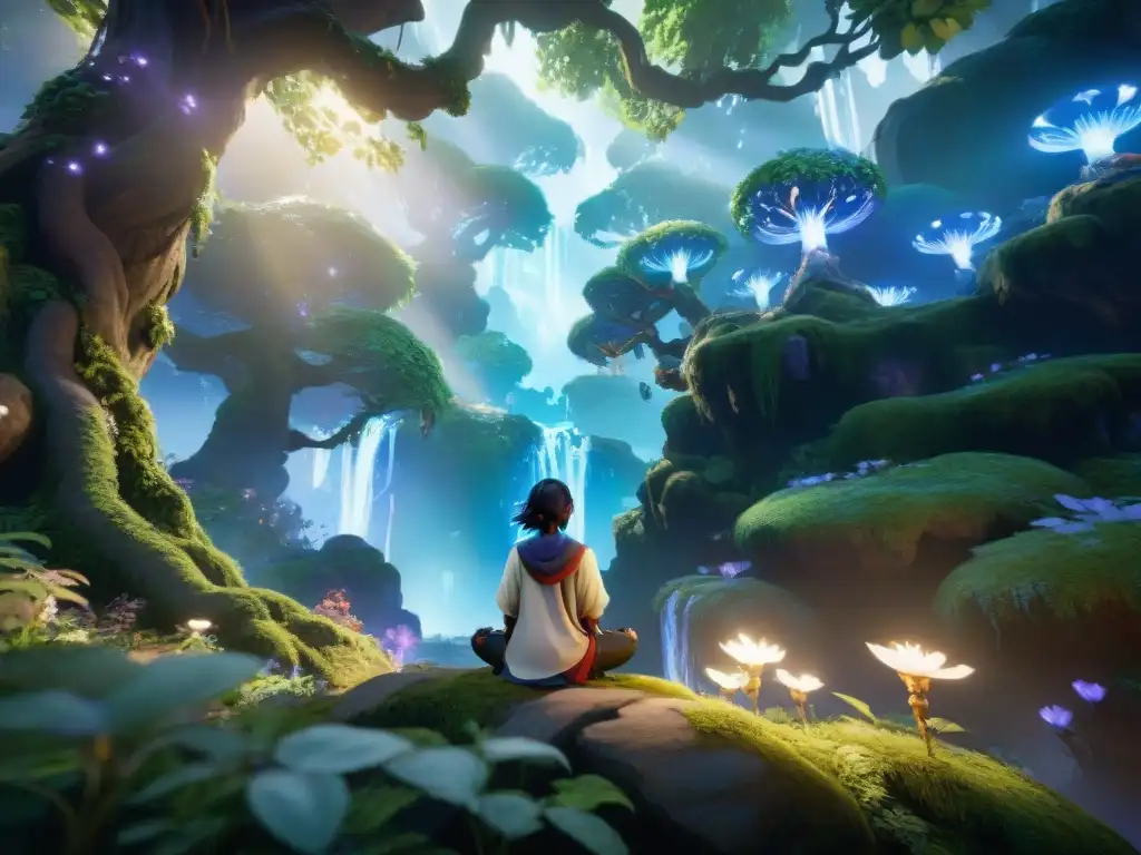 La evolución de los videojuegos visuales: Ori en un bosque sereno, rodeado de colores vibrantes y detalles intrincados, en un momento de contemplación