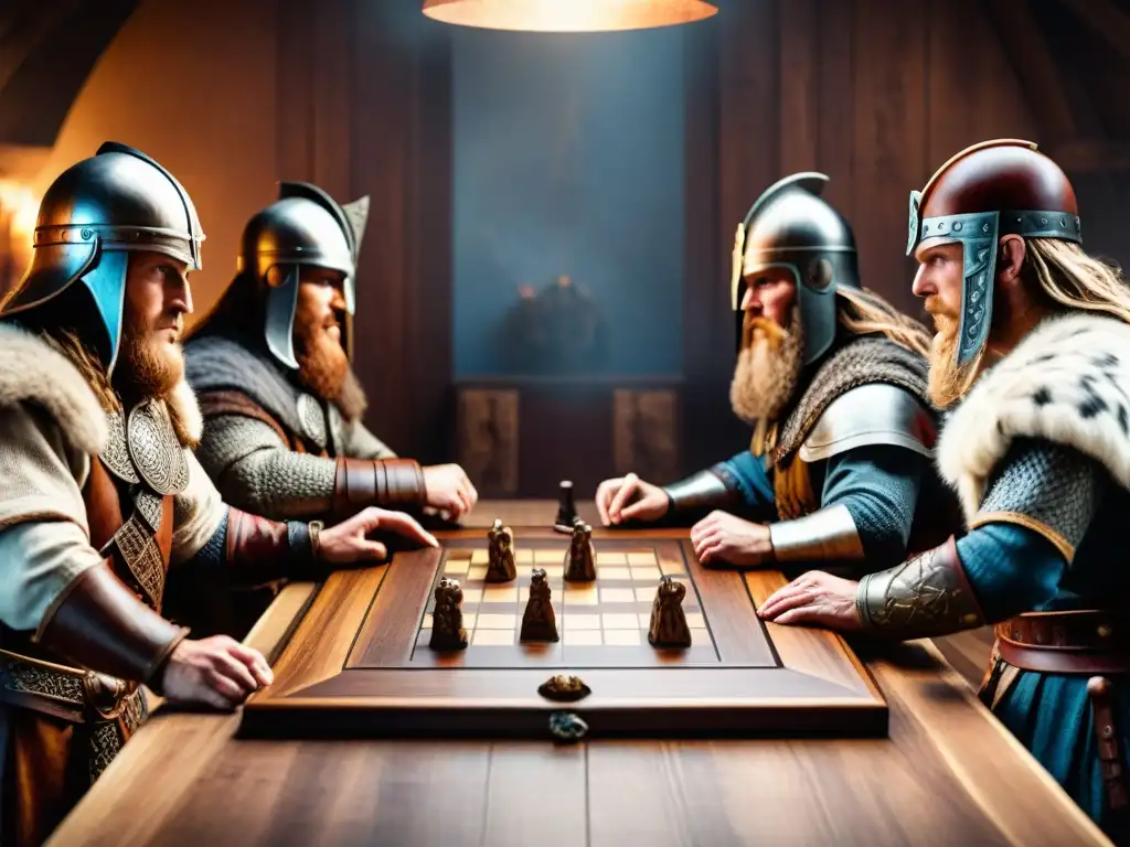 Vikingos en juego estratégico de Hnefatafl antes de batalla