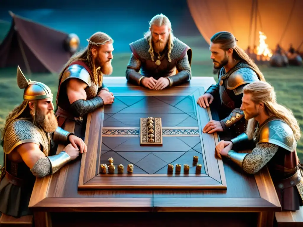 Vikingos estrategizando en juego Hnefatafl antes de batalla en casa vikinga