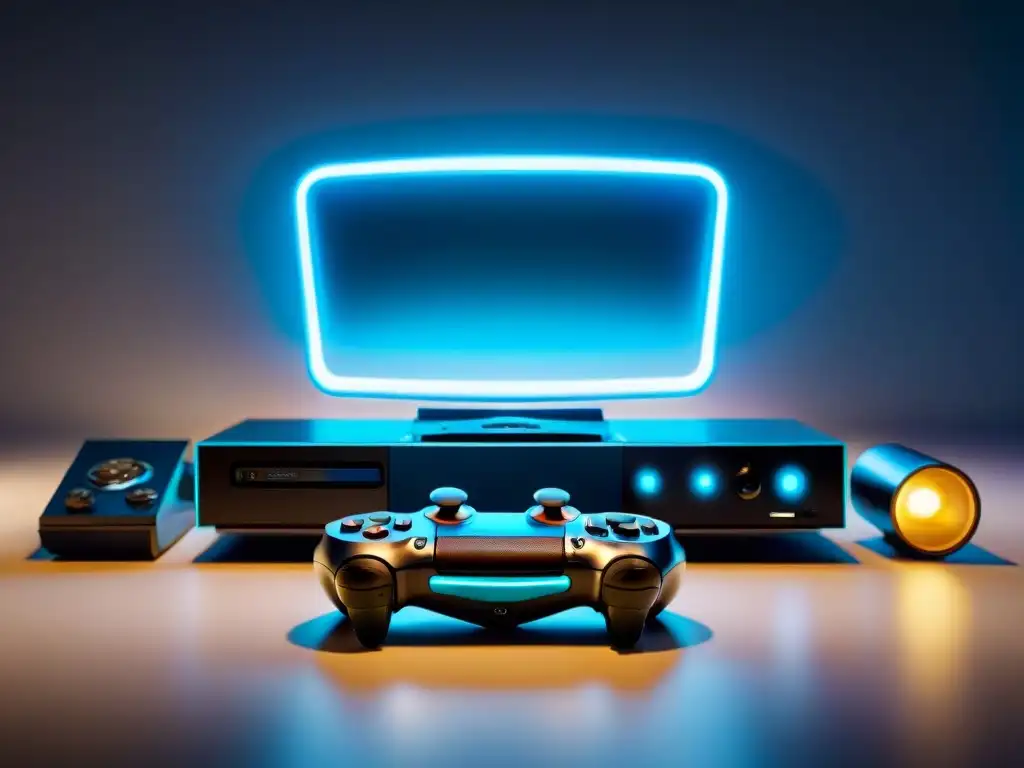 Una visión futurista del prototipo de consola de juegos de próxima generación rodeado de dispositivos de vanguardia