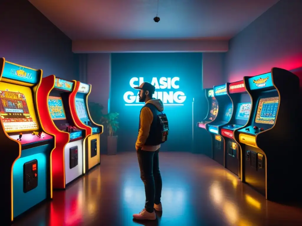 Visitantes disfrutan de juegos vintage en un museo de juegos y pasatiempos, ambiente nostálgico y emocionante