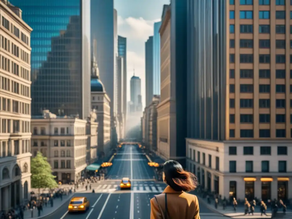 Vista aérea de una calle de ciudad con rascacielos y edificios históricos, resaltando el contraste entre lo antiguo y lo moderno