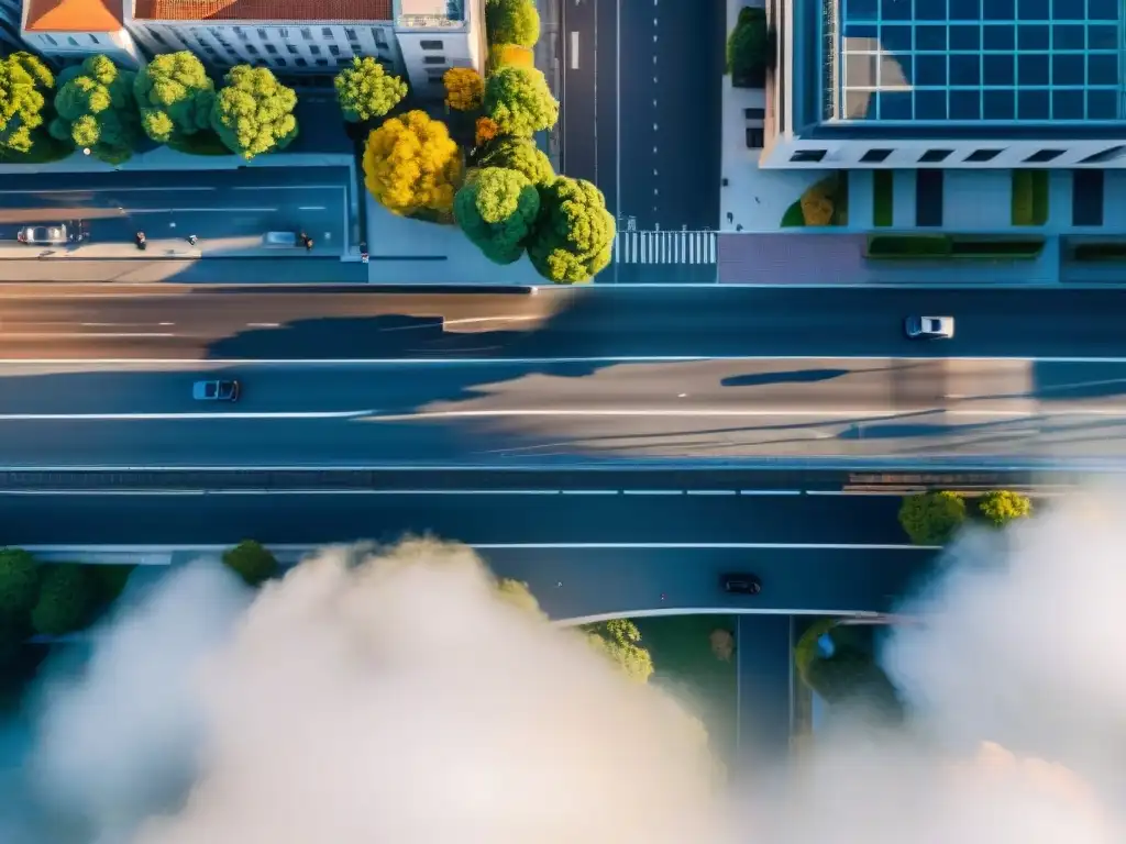 Metrópolis vibrante: movimiento urbano enredado Vista aérea de una ciudad bulliciosa con redes viales, plazas vibrantes y edificios diversos