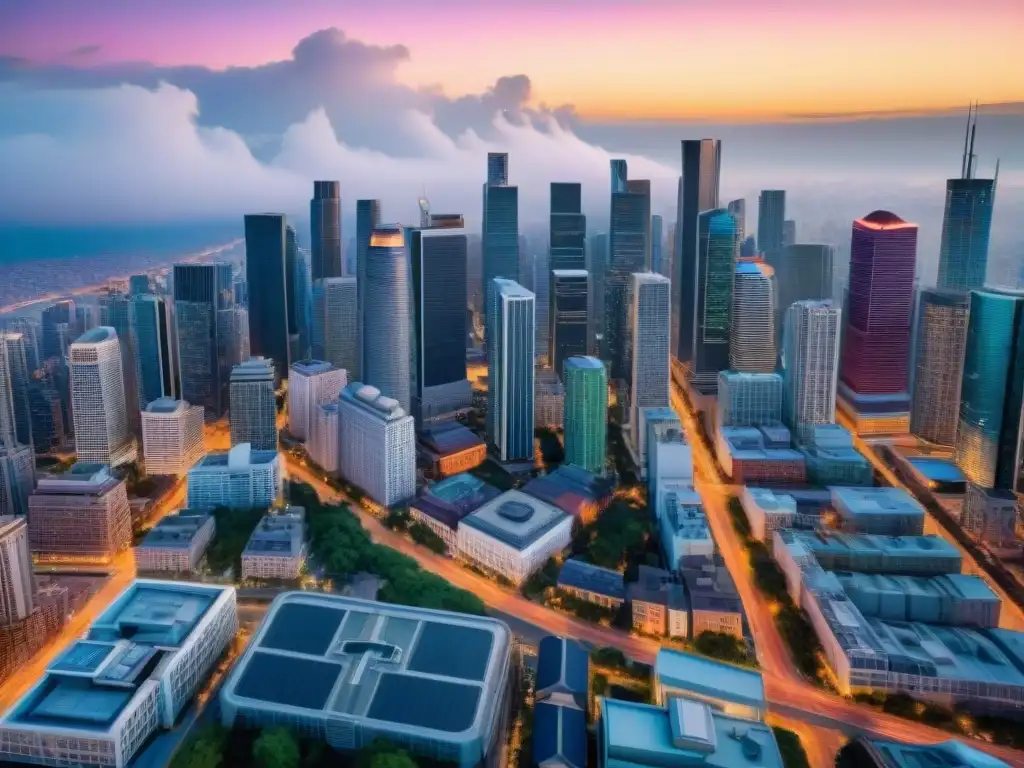 Una vista aérea de una ciudad bulliciosa, con calles entrelazadas, rascacielos y edificios diversos