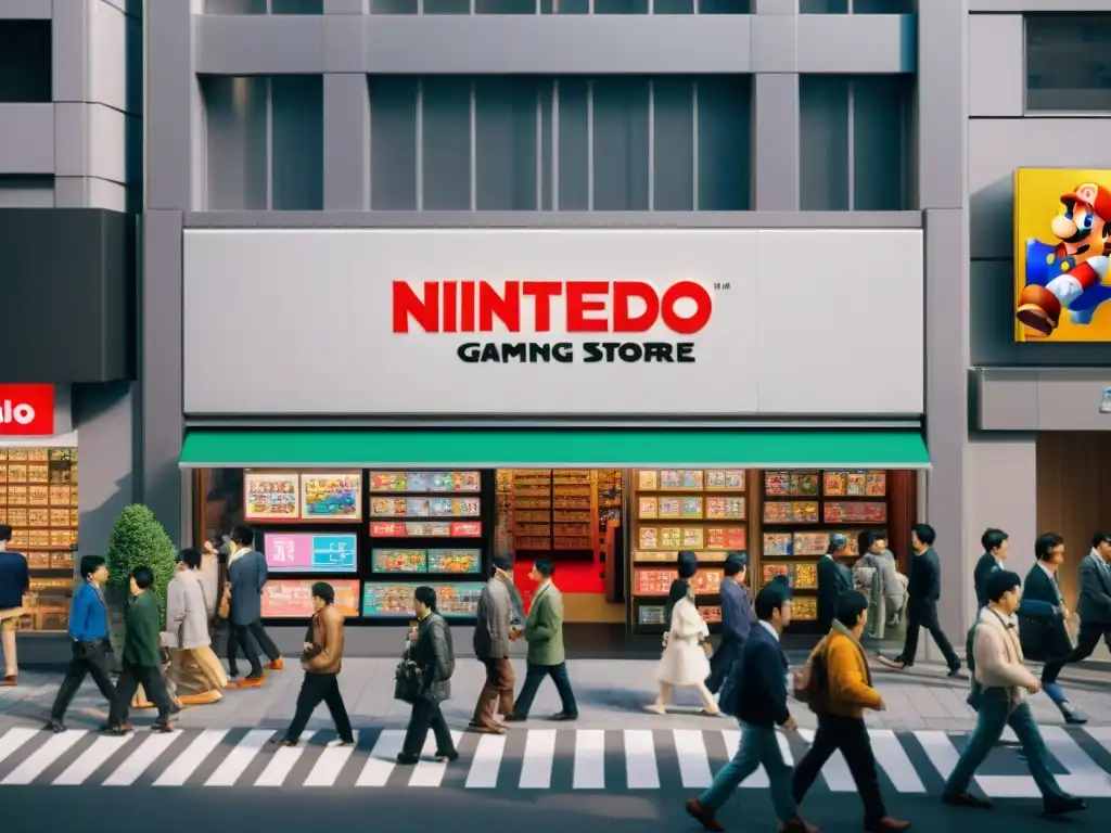 Una vista aérea detallada de la bulliciosa tienda insignia de Nintendo en Tokio