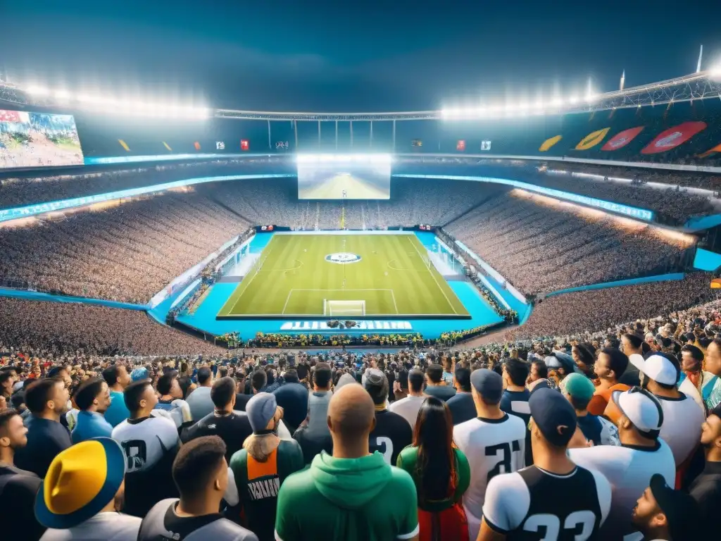 Una vista aérea detallada de un gran estadio lleno de entusiastas fans, con diferentes logos de consolas de juegos en banderas y mercancía