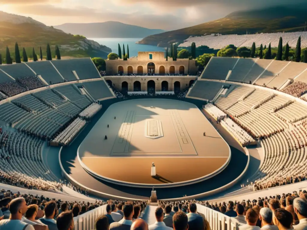 Vista aérea de estadio griego antiguo lleno de espectadores y atletas en tradición ceremonias Juegos Olímpicos