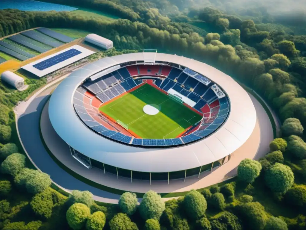 Vista aérea de estadio verde con paneles solares, innovaciones deporte reducir huella carbono