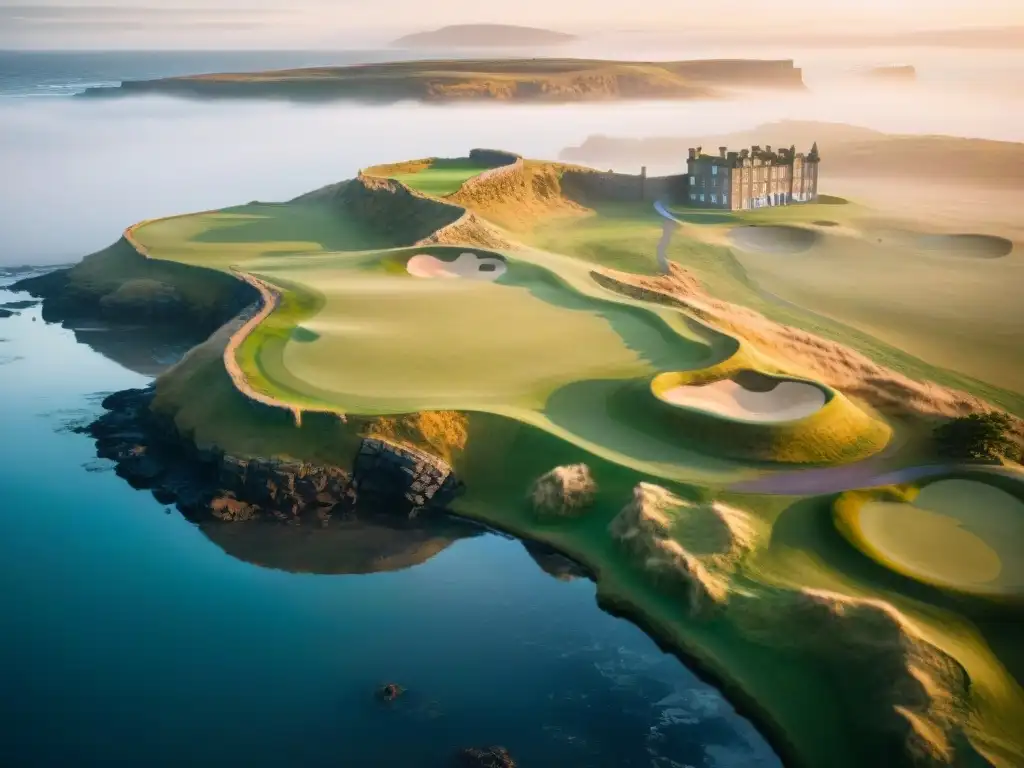 Vista aérea del histórico campo de golf St Andrews Links en Escocia en una mañana brumosa, con el icónico Puente Swilcan y el Old Course visible, mostrando la historia del golf en Escocia