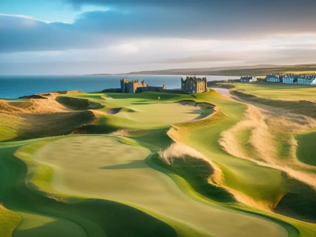 Vista aérea impresionante del histórico St Andrews Links en Escocia, con golfistas y ruinas de la catedral