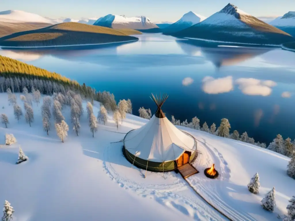 Vista aérea impresionante de paisaje nevado en región nórdica, con lago congelado, bosques de pinos y tienda sami tradicional con fogata