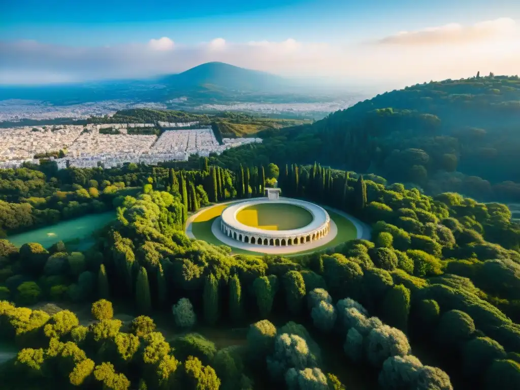 Vista aérea impresionante de las ruinas de Olimpia, Grecia, con el estadio original rodeado de vegetación exuberante bajo un cielo azul claro